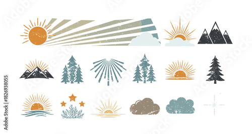Rustic nature elements: vintage sun, mountains, trees, and clouds collection