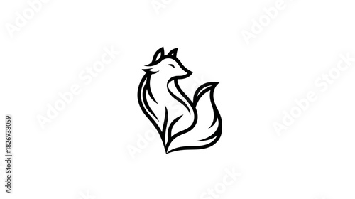 Graceful black and white line art illustration of a stylized fox with a flowing tail, a minimalist animal graphic design element.