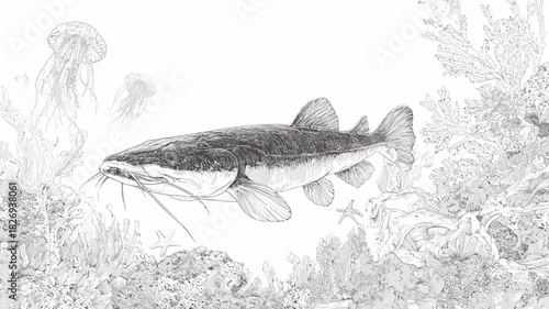 Detailed black and white illustration of a large catfish swimming in an underwater environment with jellyfish and coral.