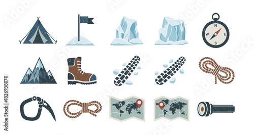 Camping and hiking adventure icons set featuring mountains, gear, and maps