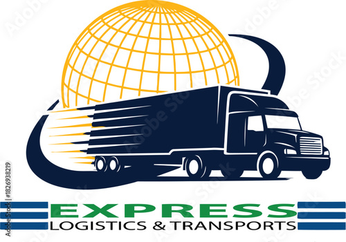 Express logistics and transports logo featuring a globe and moving truck