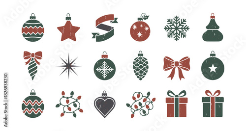 Collection of rustic christmas icons: ornaments, gifts, and snowflakes in retro style