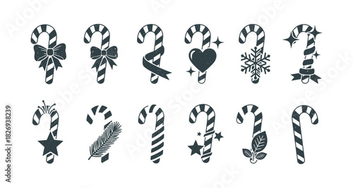 Festive candy cane icons: christmas themed decor in silhouette style