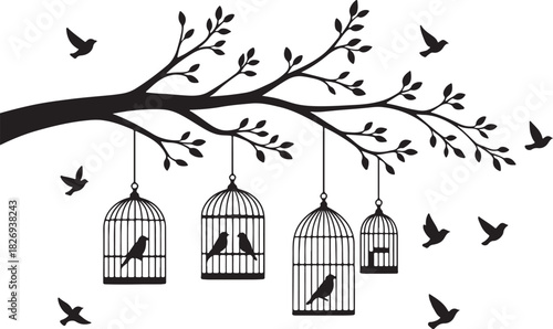 a large tree branch with leaves, silhouettes of perched birds, and several vintage birdcages hanging from the branches silhouette vector