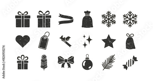 Vintage style christmas icons set with gifts, snowflakes, and festive elements