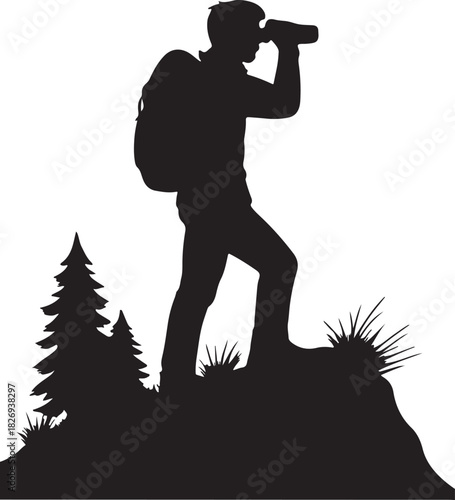  a Hiker with Binoculars on a Hill silhouette vector