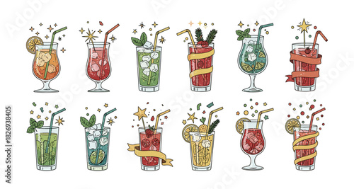 Creative cocktail glasses with fresh ingredients and festive garnishes
