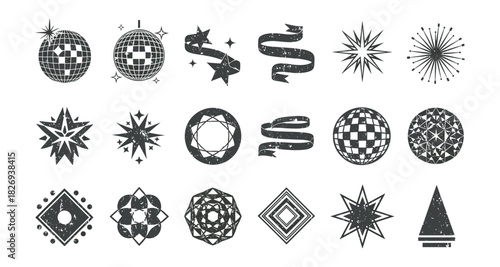 Retro grunge disco icons collection with checkered patterns and geometric shapes