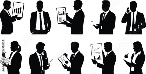 Business people silhouettes, professional office workers, corporate team, financial charts, business reports, phone calls, meetings