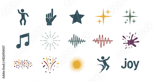 Grunge icons set: music, celebration, and joy symbols with distressed texture