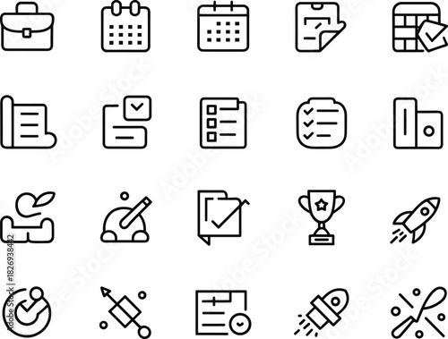 Business planning icons, project management, task checklist, startup launch, productivity tools, strategy elements, calendar, goal setting, minimal design