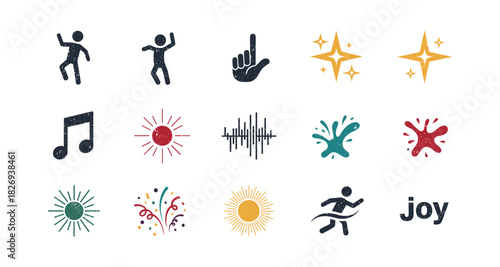 Dynamic icons: dance, music, sunburst, soundwave, and joyful elements in grunge style