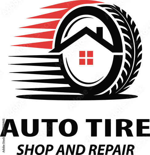 Auto tire shop and repair logo concept with house icon inside tire