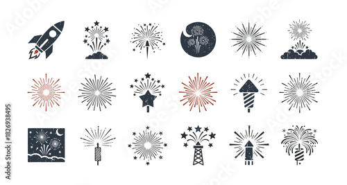 Celebration fireworks icons: diverse silhouette designs for festive occasions