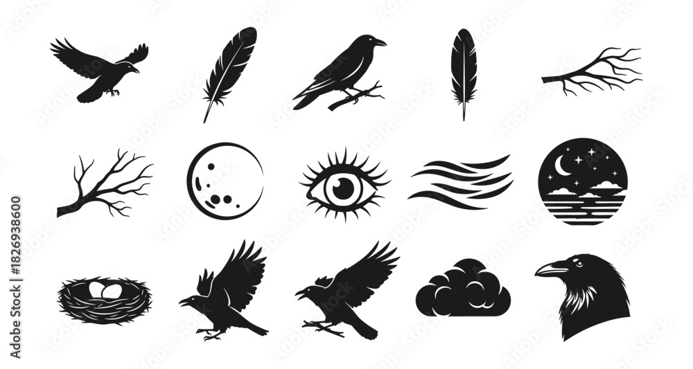 Naklejka premium Elegant black bird silhouettes with nature and sky elements for creative designs