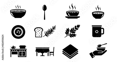 Minimalist kitchen icons: bowls, utensils, and herbs in black silhouettes for home cooking themes