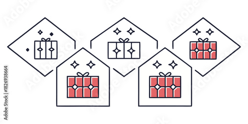 Five gift boxes are displayed in a graphic representation, some with sparkles, suggesting celebration or special occasions.