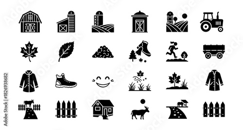 Farm and nature icons set: silhouette agriculture and outdoor activities