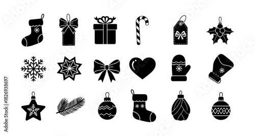 Silhouette christmas icons: decor, gifts, and winter motifs in black and white