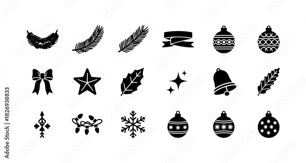 Naklejka premium Festive silhouette icons of holiday decor and winter symbols for christmas themes