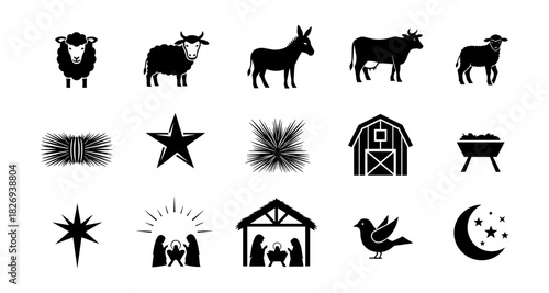 Silhouette farm animals and christmas nativity icons in black