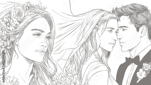 Romantic Wedding Couple Sketch Illustration, Elegant Bride and Groom Portrait in Black and White Line Art Style for Coloring Book