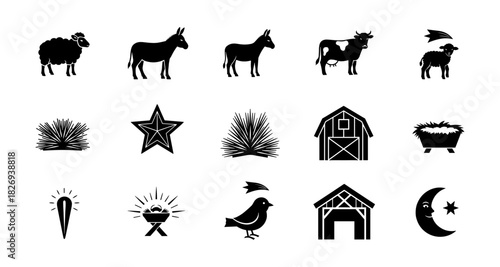 Farm animal silhouettes and nature icons collection