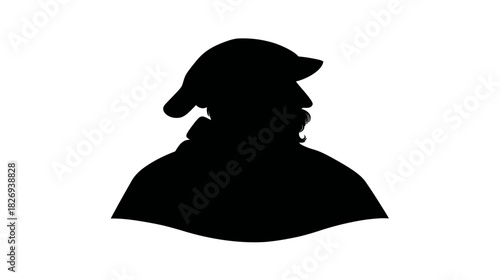 Black silhouette of a historical male character wearing a classic hat, depicted in profile, ideal as an icon or graphic element