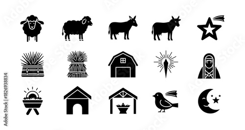 Silhouette nativity scene icons: animals, star, barn, and manger elements
