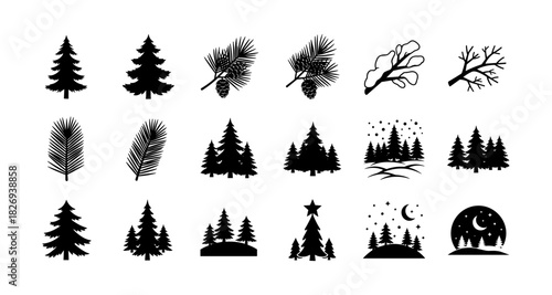 Winter nature silhouettes with pine trees, branches, and snow elements