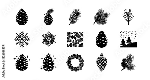 Festive pine cone silhouettes and winter icon set for holiday design projects