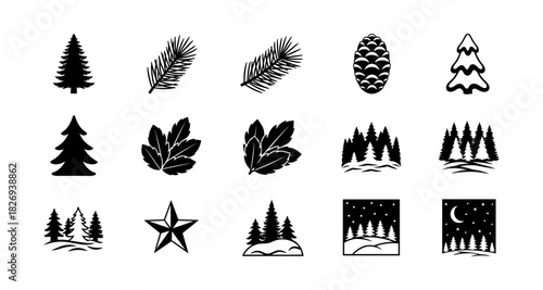 Silhouette forest elements: pine trees, leaves, and winter scenes