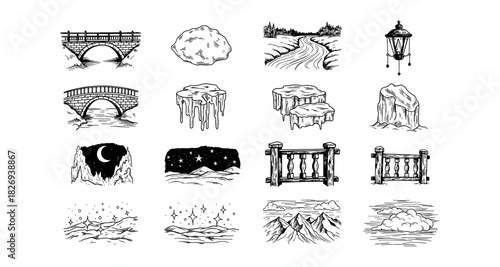 Nature-inspired hand drawn elements: bridges, landscapes, and celestial scenes
