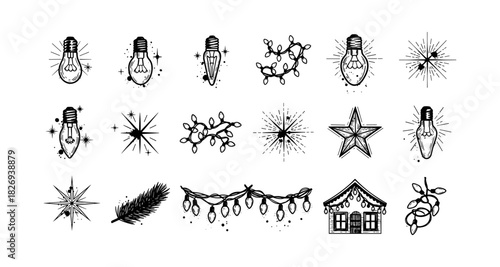 Hand drawn festive christmas light bulbs and holiday symbols collection