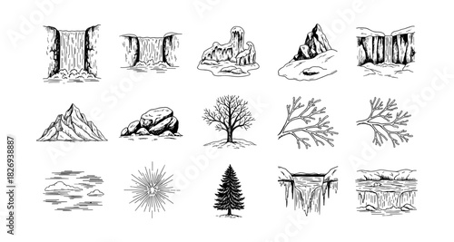 Hand drawn nature elements set featuring mountains, trees, and waterfalls in black and white