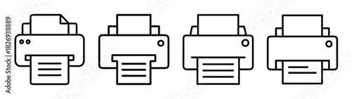Printer vector icon set office equipment printing machine document output device monochrome design 90s style