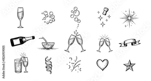Hand drawn celebration elements with champagne glasses and party icons