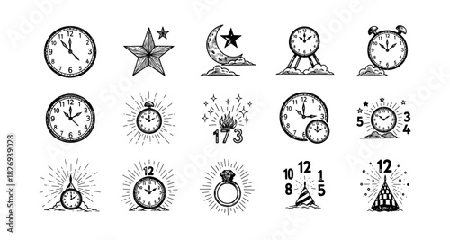 Vintage clock and time icons featuring celestial and numeric designs