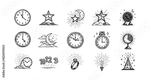 Hand drawn clock and celestial icons with stars and moon illustrations