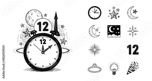 Vintage clock and celestial elements in sketchy style for nighttime themes