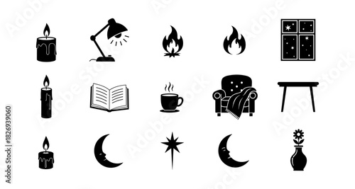 Cozy silhouette icons collection featuring home and seasonal elements