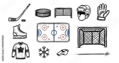 Hand-drawn hockey elements featuring equipment, rink, and gear illustrations
