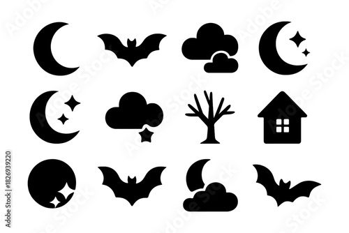 Silhouette icons of bats, moons, and nighttime elements for halloween design