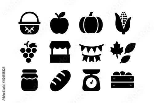 Farmers market silhouettes: fresh produce and market icons collection