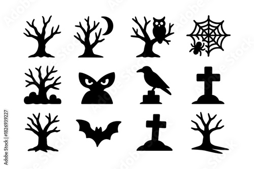 Spooky halloween silhouettes collection: trees, owls, spider webs, and more