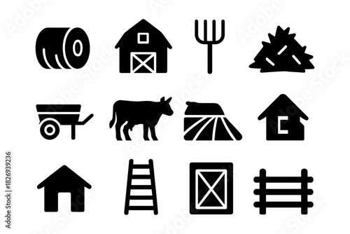 Farm silhouette icons: barn, cow, hay, pitchfork, fence, and more