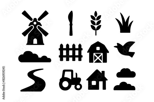 Farm life icons: nature and agriculture silhouettes set