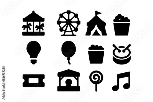Amusement park icon set with ferris wheel, tent, popcorn, and carousel in simple silhouette style