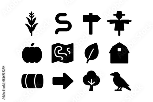 Farming silhouette icons collection featuring nature and agriculture elements
