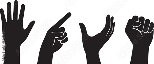 four expressive human hands in different directions silhouette vector